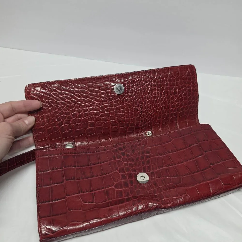 Claudia Firenze Croc Embossed Studded Clutch In Burgundy Red Leather Italy